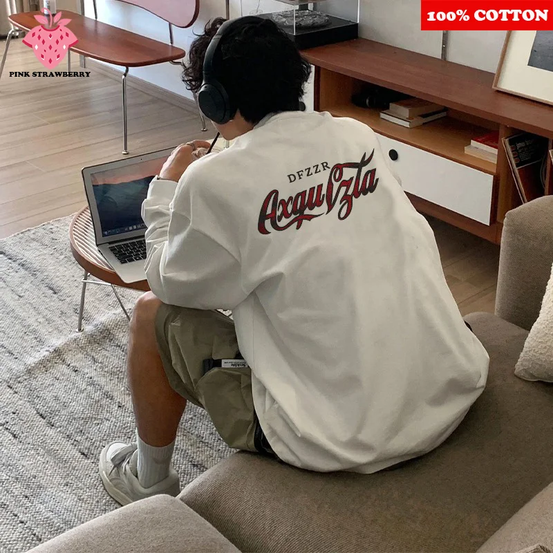 

2025 New Autumn Pure Cotton Long sleeved T-shirt Men American Hip-hop Letter Print T-shirt Loose Casual Y2k Top mens clothing