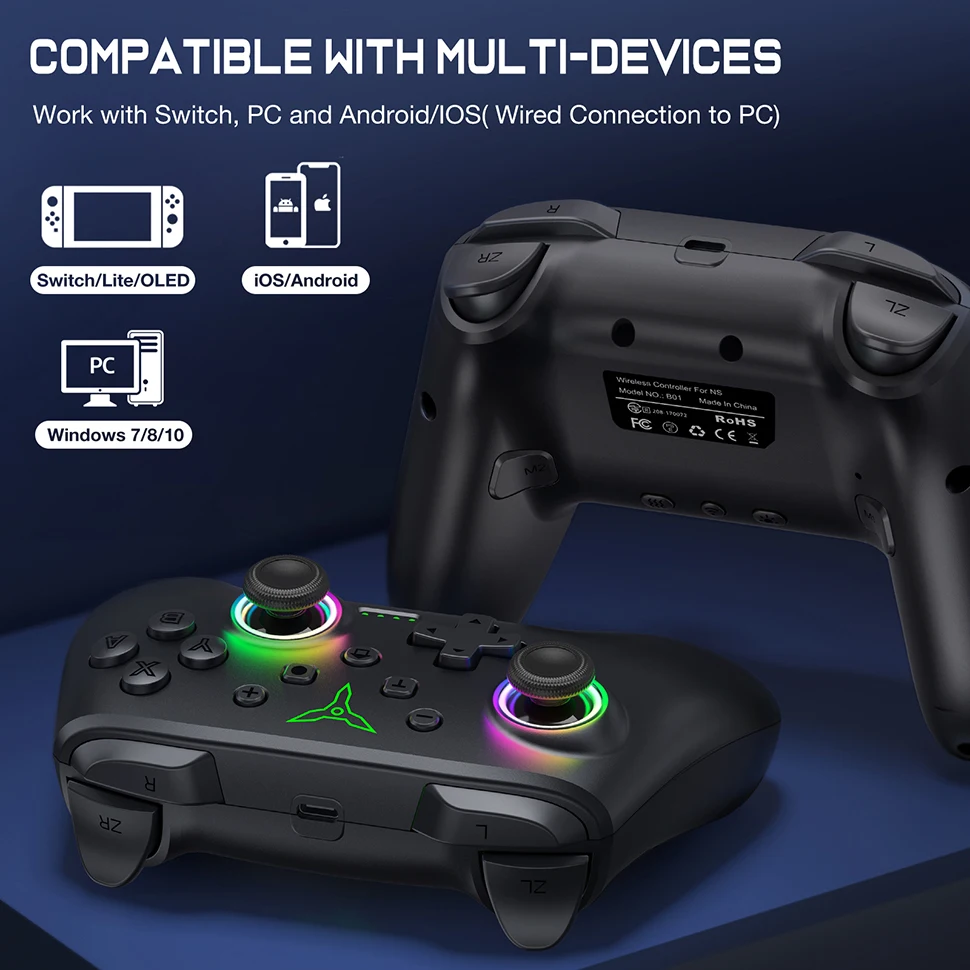 Dinofire Wireless Bluetooth RGB Controller for Nintendo Switch/Switch OLED/Lite Mobile Wired PC Gamepad Multi-Function Joystick