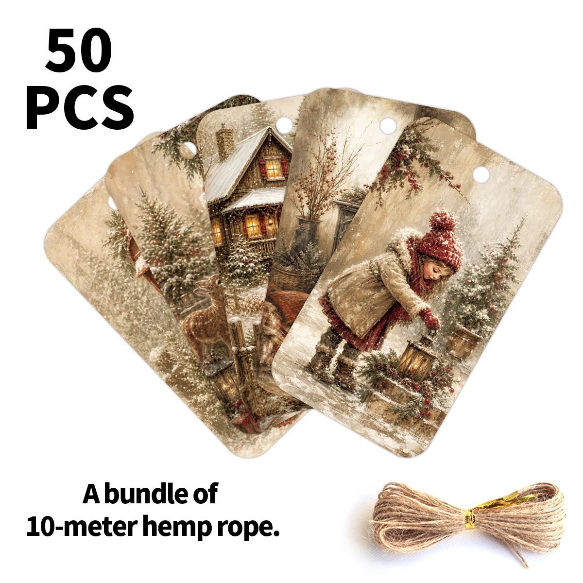 50pcs Winter Scenes Christmas Gift Tags With Hemp Rope,For Diy Holiday Gift Wrapping Decor,Ornaments For Christmas Tree,Stocking