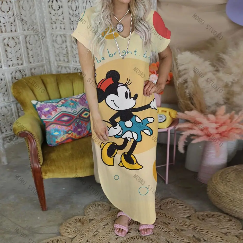 V-Neck Robe Disney Maxi Dress Minnie Mouse Long Dresses for Women Leisure Women's Mickey Beach Cartoon Woman Clothes Y2k 2022