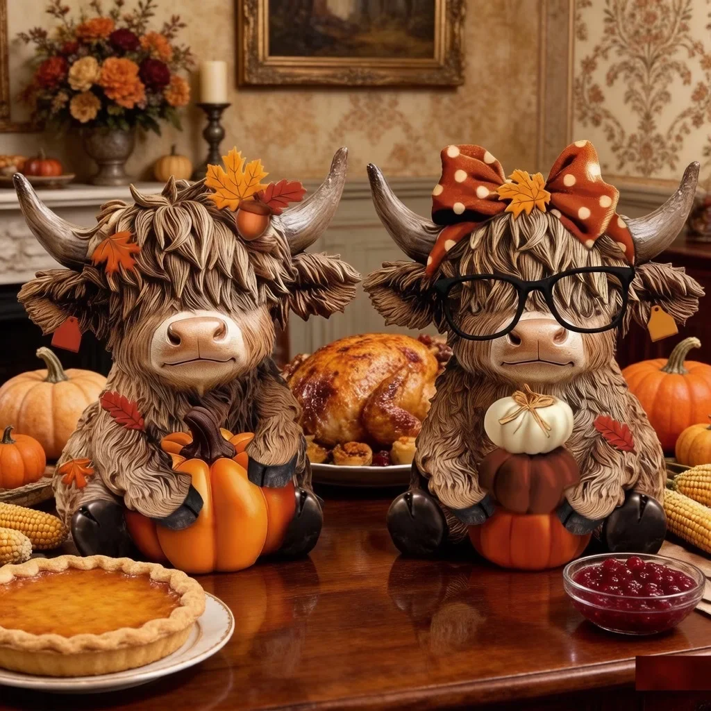 2-piece set, pumpkin highland cow statue, Halloween wooden tabletop decoration, suitable for living room, fireplace, bedroom