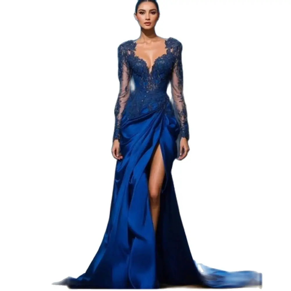 Vestido de noite de fenda alta personalizado, manga comprida, cetim drapeado, apliques sereia, azul royal, nova elegância, C24148