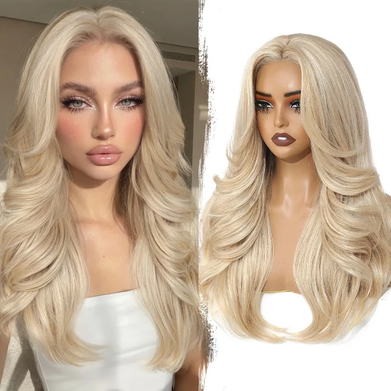 Blonde Wave Wig | Layered Design - Light Yaki Gel Free Synthetic Wig with Honey Gold Highlights and Curls; Ideal for Halloween
