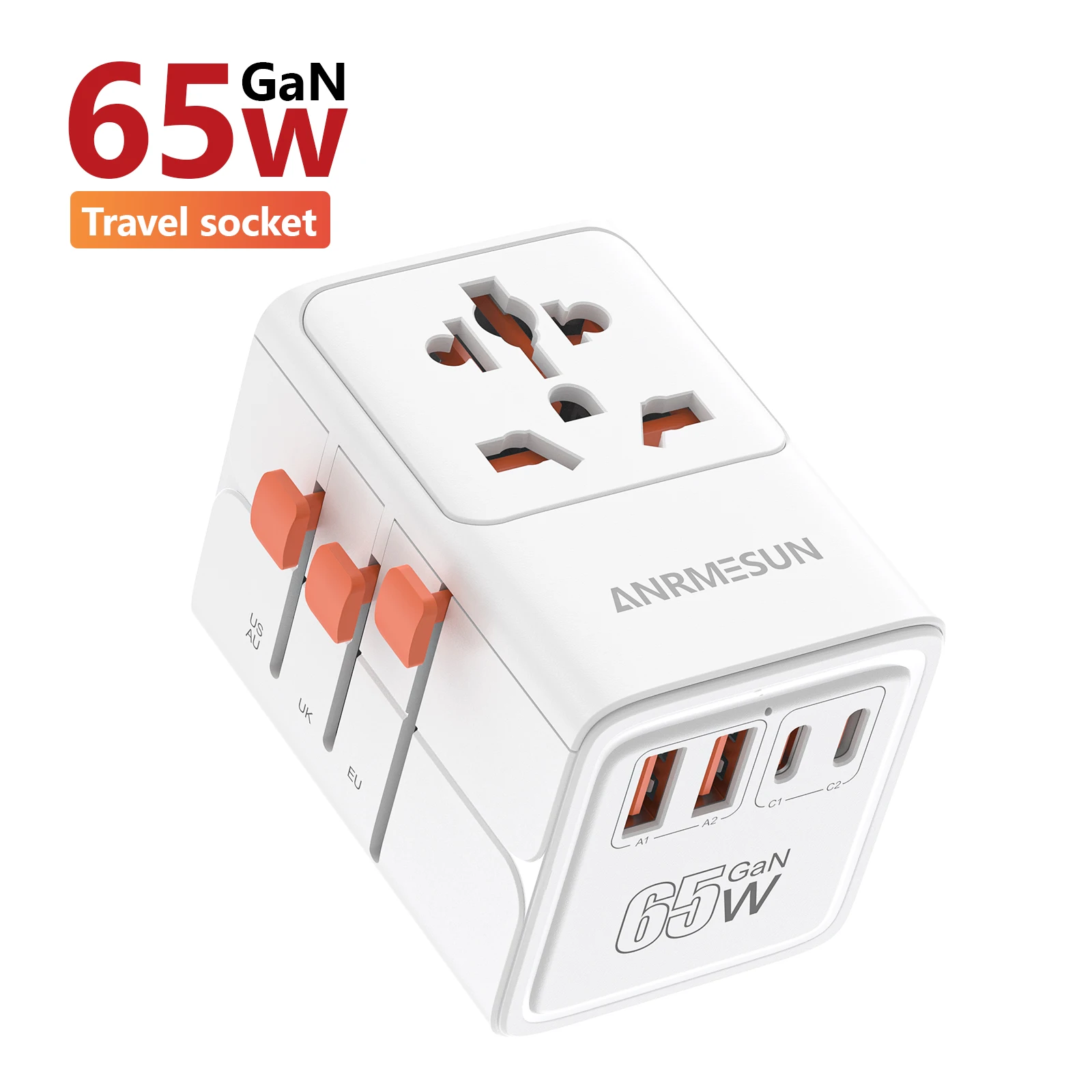 Universele reisadapter met 4 stopcontacten 1 USB-poort 2 Type-C PD 25 W Alles-in-één snel opladen op EU UK US AUS-stekker opladen