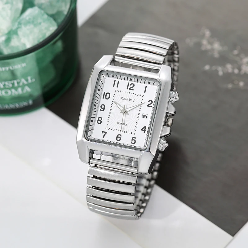 Męski zegarek kwadratowy Elastyczna opaska Pojedynczy kalendarz Casual Fashion Arabski cyfrowy zegarek kwarcowy Wszechstronny zegarek