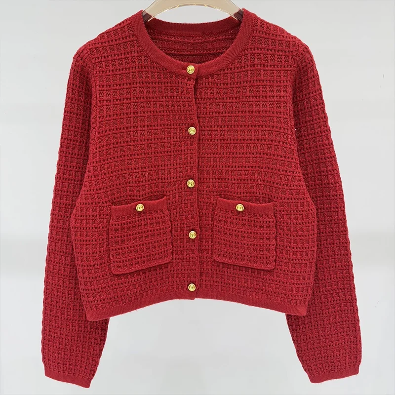 

Высококачественный женский кардиган-свитер с круглым вырезом, застежкой на одной пуговице и двойными карманами 25100499