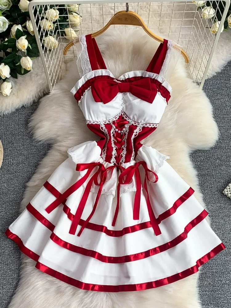 Skirt Sweet Princess Tiered Lace Pleated Design Bow High Waist Slimming Puffy Very Cute Elegant Premium Ruffle Summer Dress