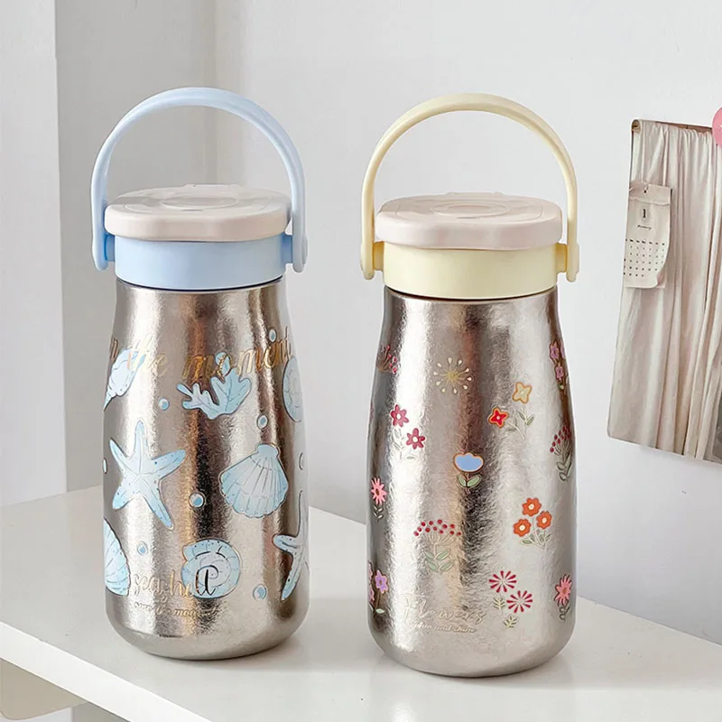 450ml Milk Thermos Cup With Handle And Pattern,Double-layer Pure Titanium Vacuum Thermal Water Bottle,Women's Gift Drinking Ware