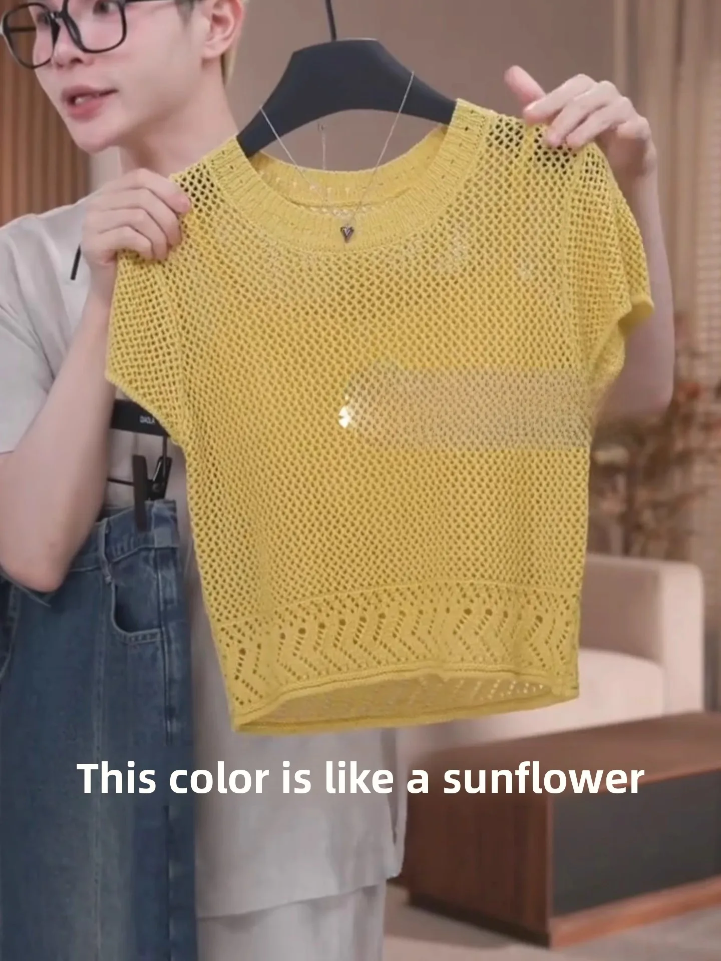 

Anti-Aging Color Design round Ne Summer Lazy Sle Hollow out ort Sve Knitted Top Women's Pullover T-irt
