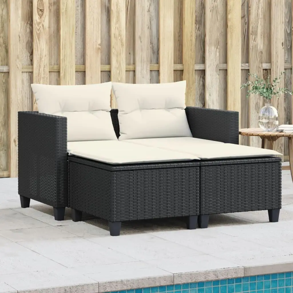 Black Poly Rattan 2-Seater Patio Sofa Set with Stools - Stylish Outdoor Furniture