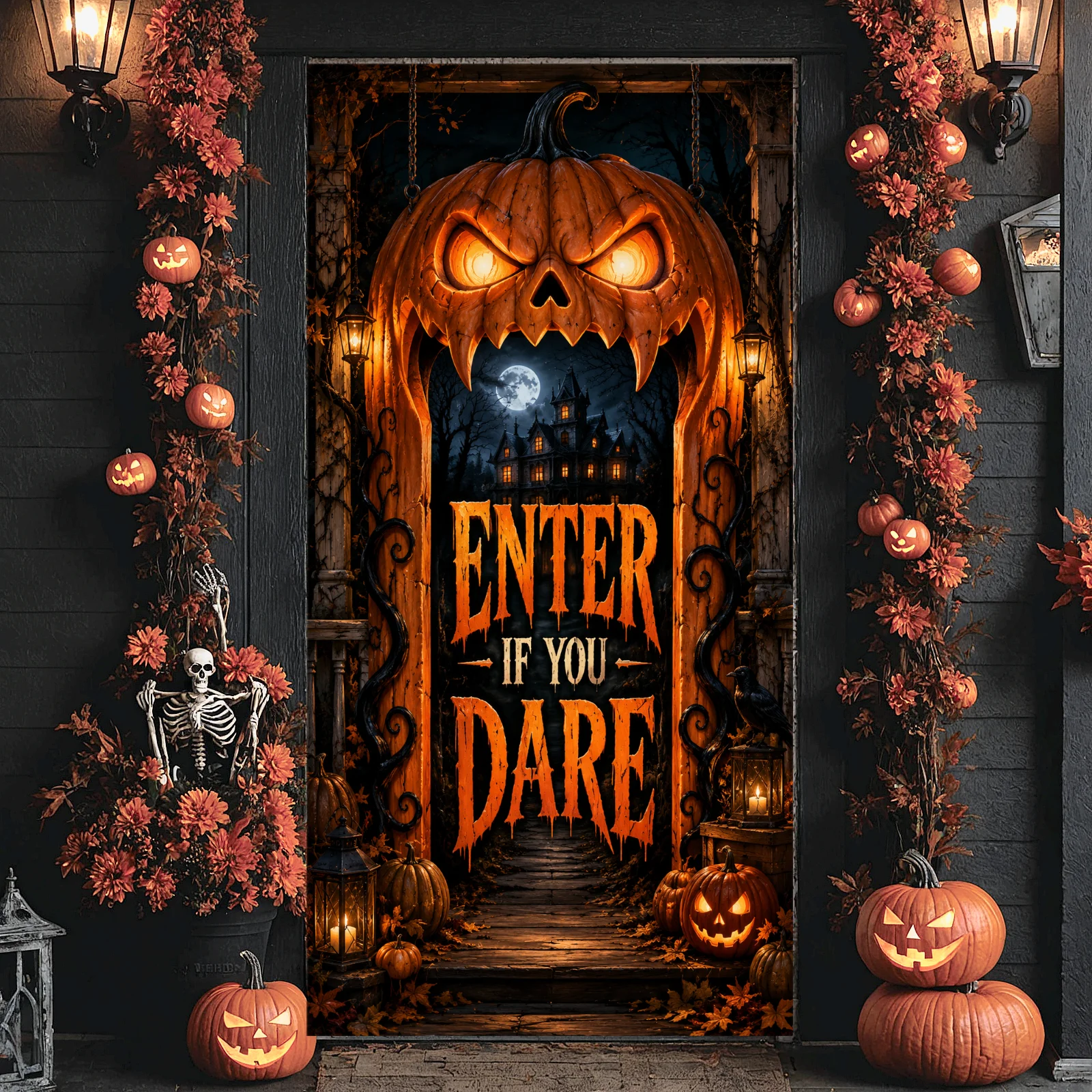 Scary Halloween Banner Pumpkin Shape Halloween Door Cover Dark Tone Horror Halloween Backdrop for Halloween Party Haunted House