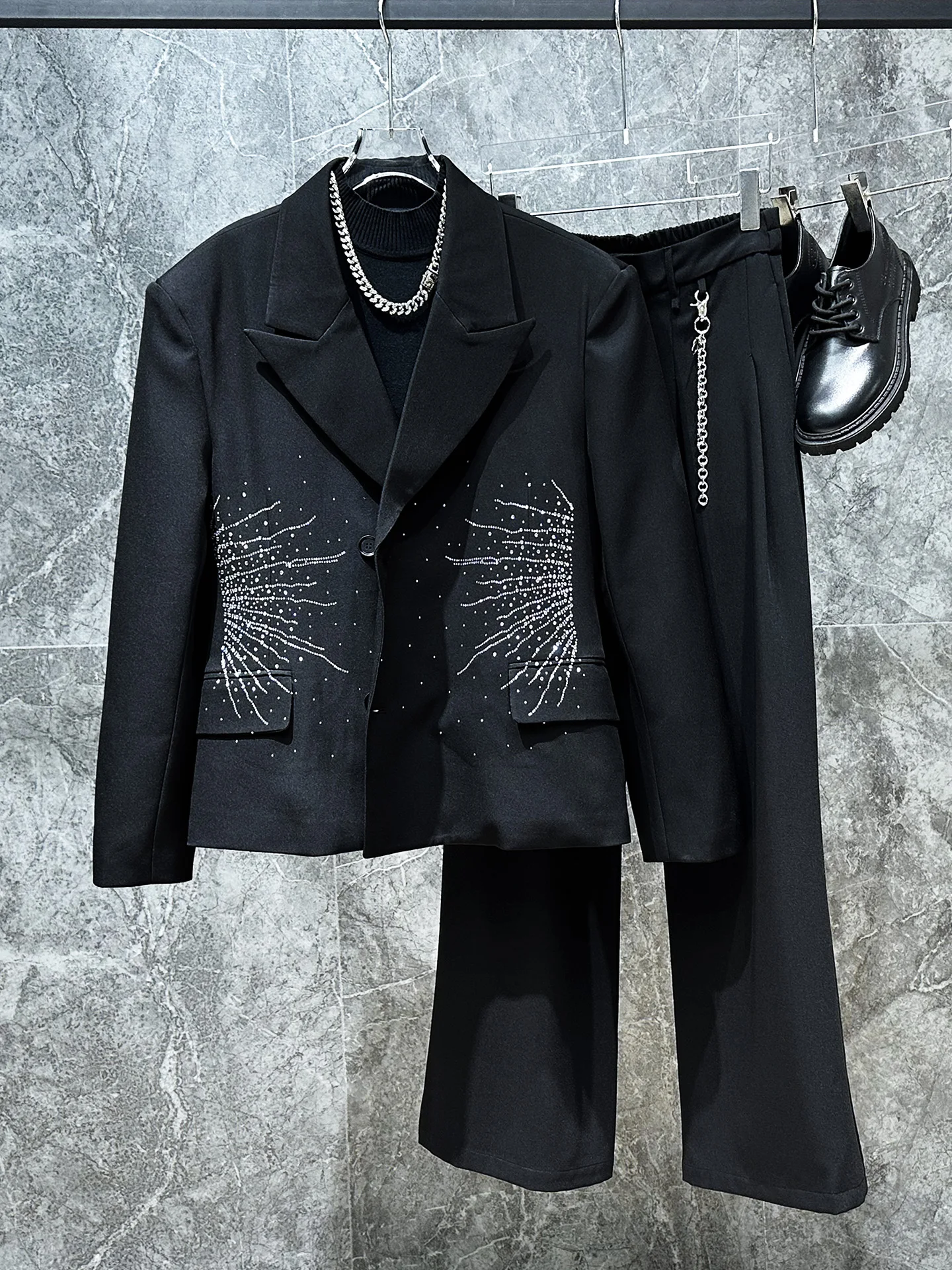 

Cool Guy Korean Sle High End Suit Jaet oulder Pads Rhinestone Youth Faion Spring Autumn Long Sve Single Button