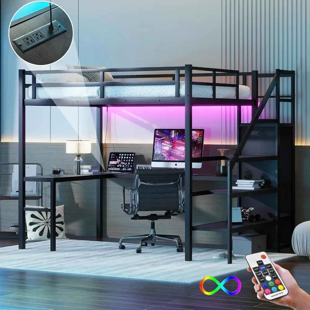 Full Size Loft Bed Met Trap En Bureau, Metalen Gaming Loft Bed Met Rgb Led Licht, Zware Stalen Loft Bed Frame Met Opslag