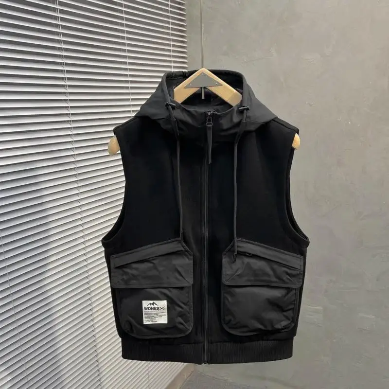 

Spring Autumn Casual Hooded Vest Men Loose American Retro Workwear Sleeveless Sports Vest Coat