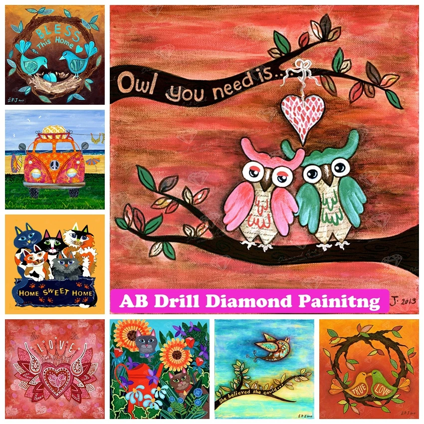 

Cartoon Owl Bird Cat 5D DIY AB Diamond Painting Artwork Mosaic Rhinestone Cross Stitch Embroidery Home Decor Children's Gift