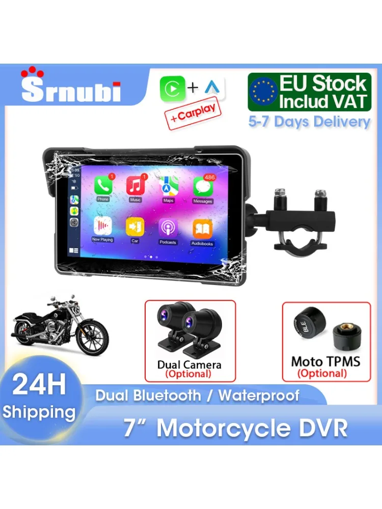 Srnubi 7 "Carplay Motorrad Dash cam DVR GPS Navigation Drahtlose CarPlay Android Auto Motorrad Helm Kamera Moto Zubehör