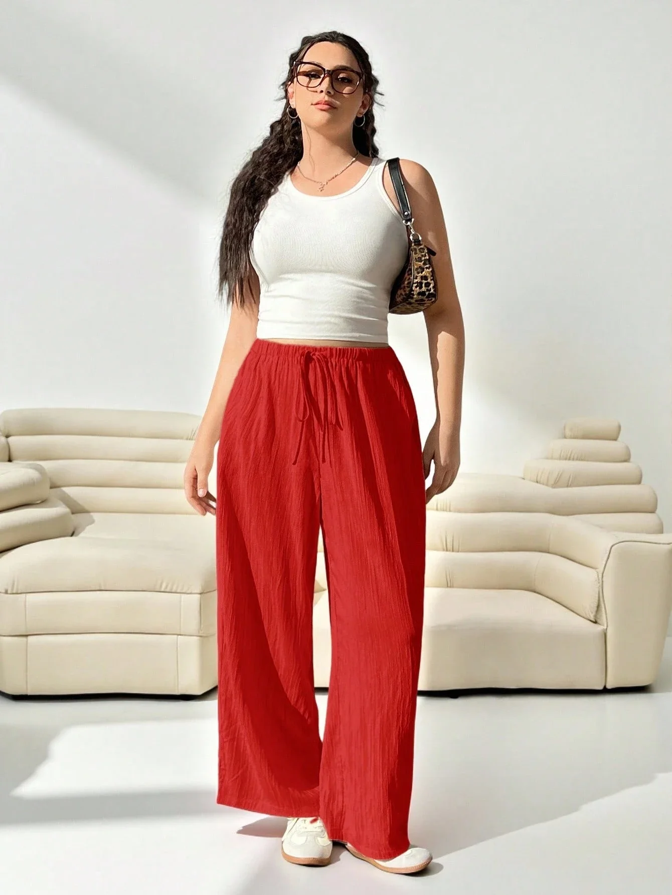 

Женские свободные красные тканые брюки с широкими штанинами, летние повседневные брюки