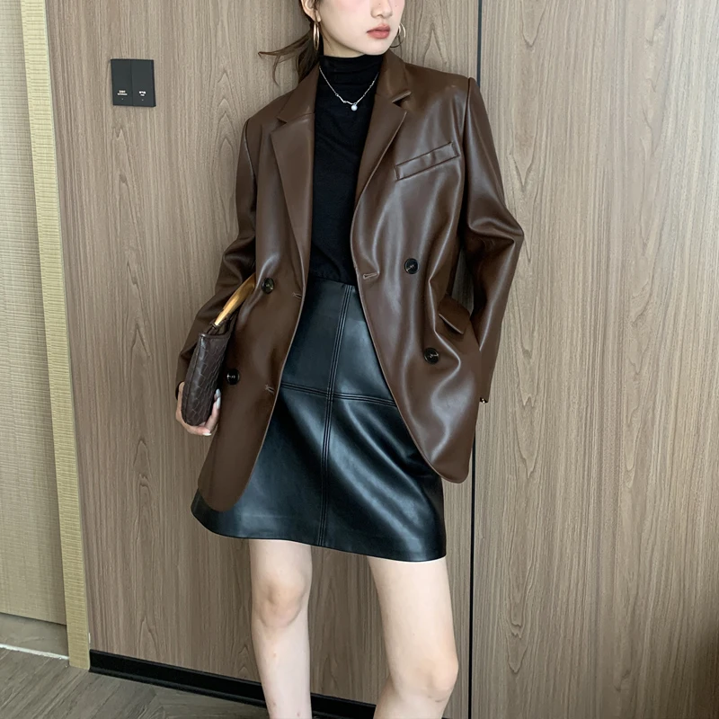 Blazer chic en peau de mouton croisé pour femme, coupe décontractée café/noir, veste oversize en cuir fendu pour femme