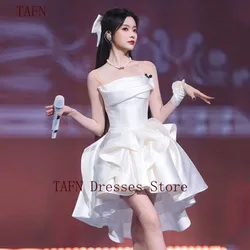 TAFN Gorgeous Prom Gown for Girls Straplesss A-line Draped Evening Dresses Mini White Satin Simple 칵테일드레스 Sheer Straps