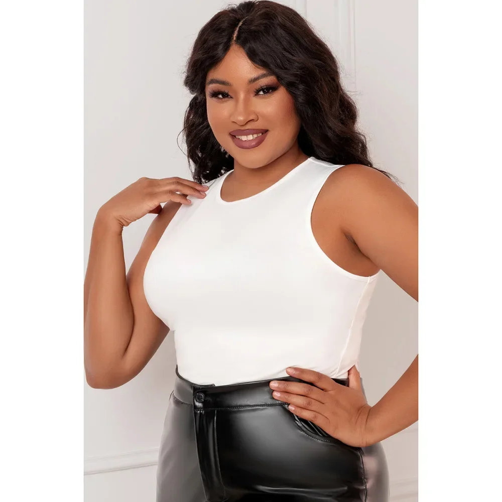 Plus Size White Casual Round Neck Sleeveless Tank Tops