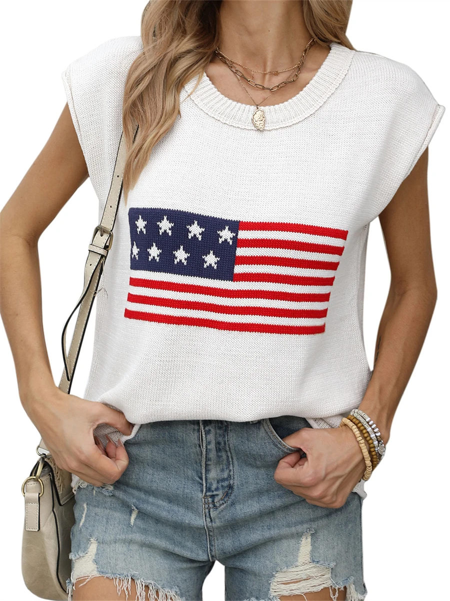 wsevypo Women's Summer Casual Knitted T-shirt Classic Casual Cap Sleeve Round Neck Flag Print Tops Loose Fit Knitwear