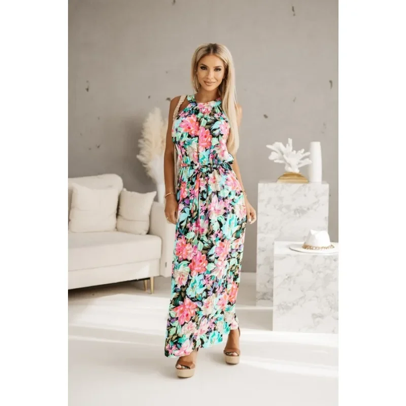 New Women's Fashion Floral Print Off-Shoulder Maxi Dress Ladies Elegant Vacation Style Sleeveless Gown Dress