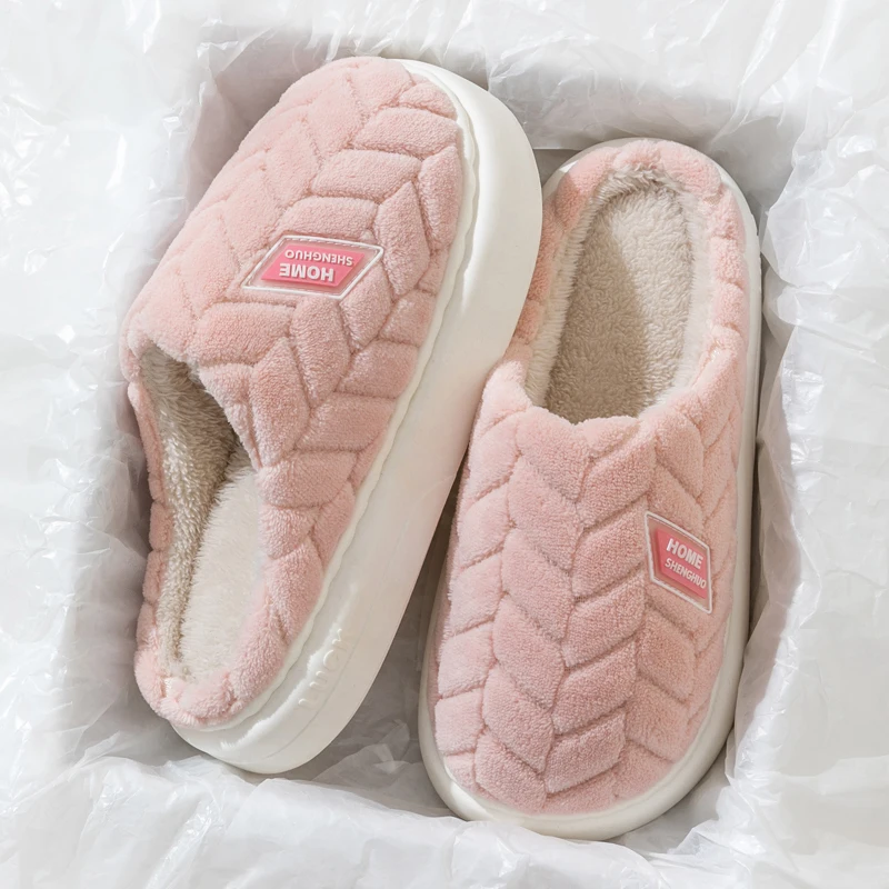 New Fashion Concise Couple Winter Toe Wrap Warm Fluffy Slippers Soft Non-slip Slides For Women Men Indoor Flat Home Cotton Shoes