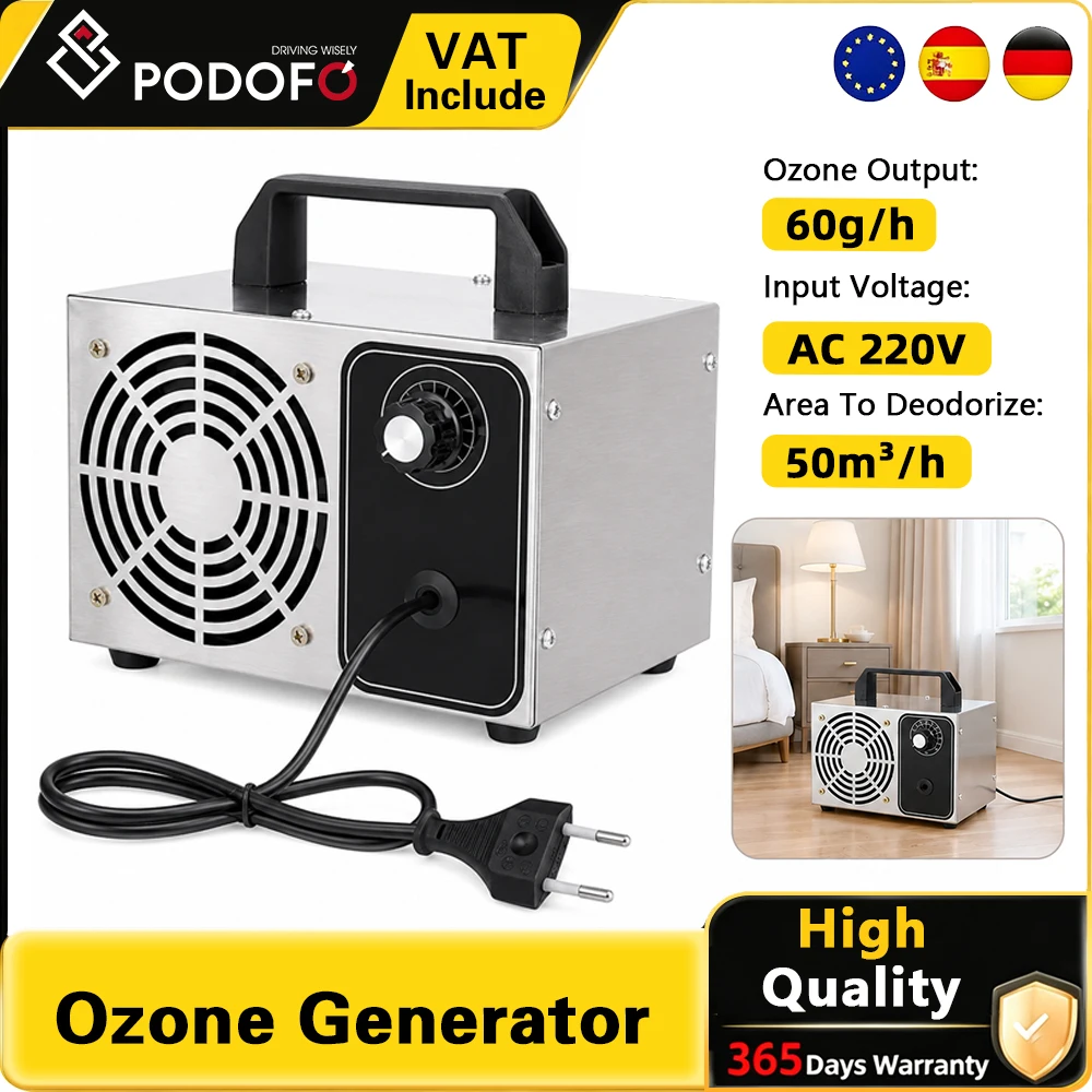 Generador de ozono Podofo para el hogar, purificador de aire de 60 g/h, eliminador de formaldehído, eliminador de olores y humo, esterilizador industrial portátil con carcasa metálica para habitación, coche, oficina, máquina de aire fresco
