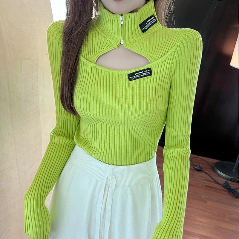 2025 New Autumn Zipper Half High Collar Pulloves Women Tunic Knit Sweaters Tops Hollow Out Sexy Korean Jumper Y2k Clothes