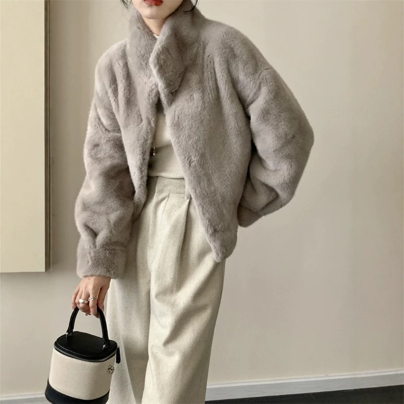 

Куртки из искусственного меха с воротником-стойкой Короткие черные плюшевые пальто Однотонные теплые толстые роскошные меховые куртки из искусственной норки Пушистые повседневные женские топы