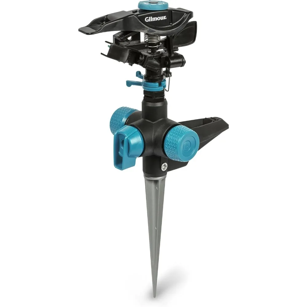 

heavy duty circular water sprinkler with spike base, rotating sprinkler head with adjustable spray pattern, lawn sprinkler for