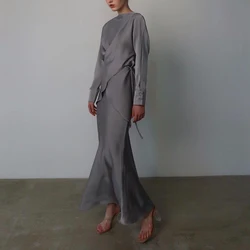 Fashion Long Sleeve Two Piece Outfits Casual Temperament Solid Satin Women's Set Elegant Lace-up Blouse Top and Long Skirt Suit