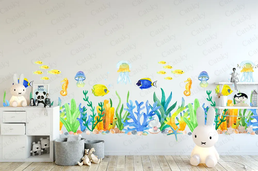 Underwater World Animal Fish Wallpaper,Cute Children's Room Decorative Wallpaper,Custom Watercolor Peel and Stick Sticker Gift