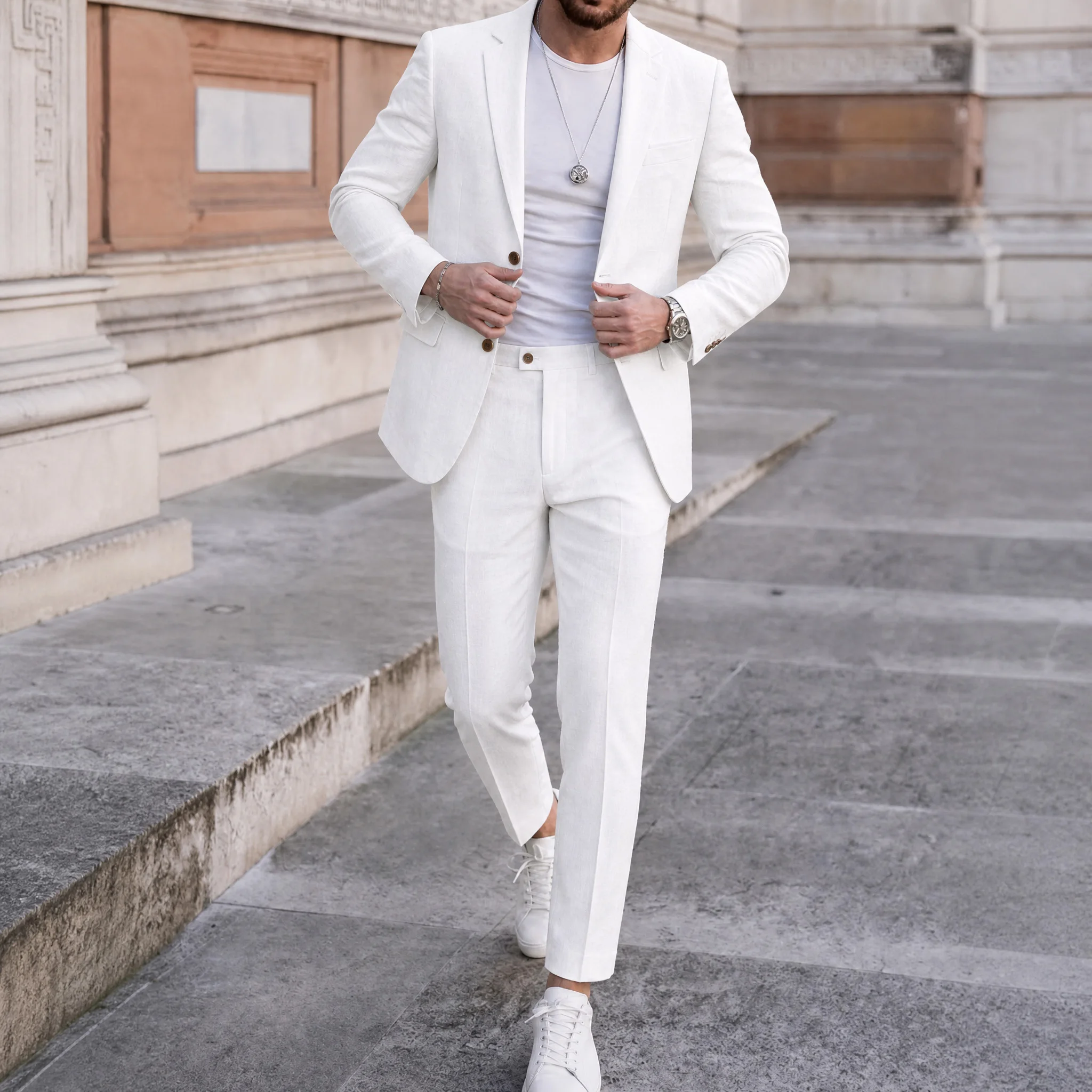 Men's Linen Blend Suits for Business Professionals, Wedding Guests, and Participants in Spring and Summer Outdoor Social Events, in an Italian Light Business Style
