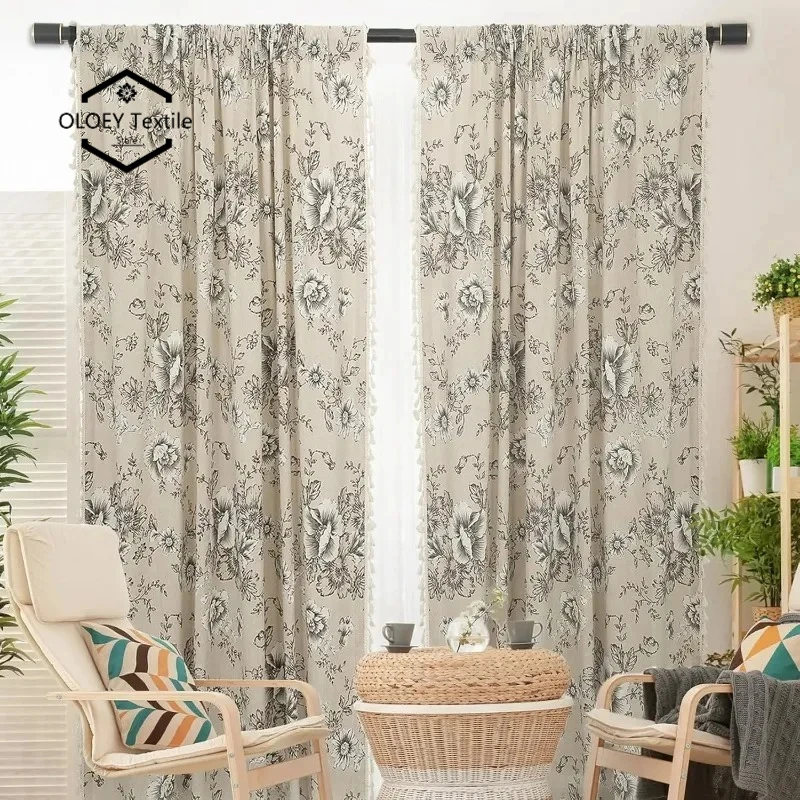 

Bohemian Curtains for Living Room Farmhouse Floral Cotton Linen Drapes with Tassels Rod Pocket Light Filtering Veil Boho Style