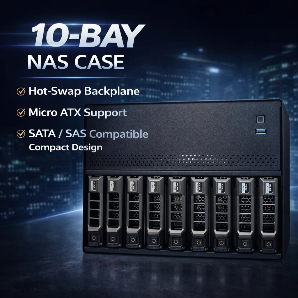 10 Bay NAS Server Case 0.8mm Galvanized Steel MATX Chassis SATA SAS Hot Swap Backplane 3.5 2.5 HDD Storage Enclosure