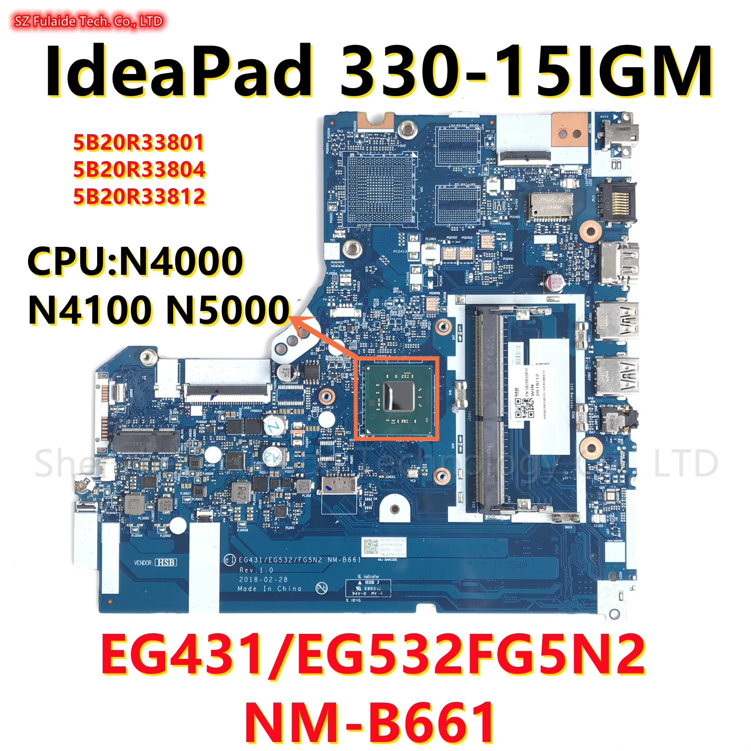 EG431/EG532FG5N2 NM-B661สำหรับ Lenovo IdeaPad 330-15IGM แล็ปท็อปเมนบอร์ด N4000 N4100 N5000 CPU FRU:5B20R33812 5B20R33801