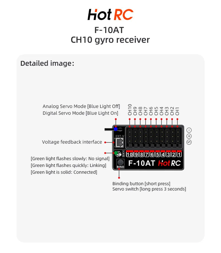 

1/2/4 шт. HotRC F-10AT 2.4G 10-канальный PWM-приемник с гироскопом и возвратом напряжения DC 4V-9V для передатчиков CT-10B HT-10A DS650 для радиоуправляемых машин и самолетов