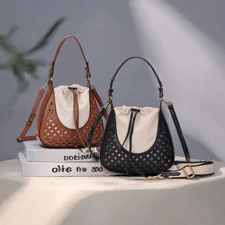 

French Style Soft Leather Woven Hollow Out Bucket Bag 2025 Summer New Trend Small Top-Handle Handbags Travel Vacation Beach Bag