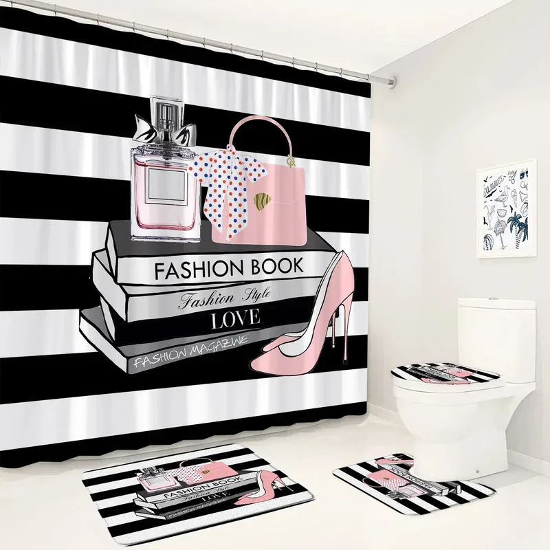 JUJ63Conjunto de cortina de ducha con Perfume de tacón alto, mariposa, flor, rayas blancas y negras, decoración del baño para el hogar, alfombra antideslizante, alfombrillas de baño T3jn $