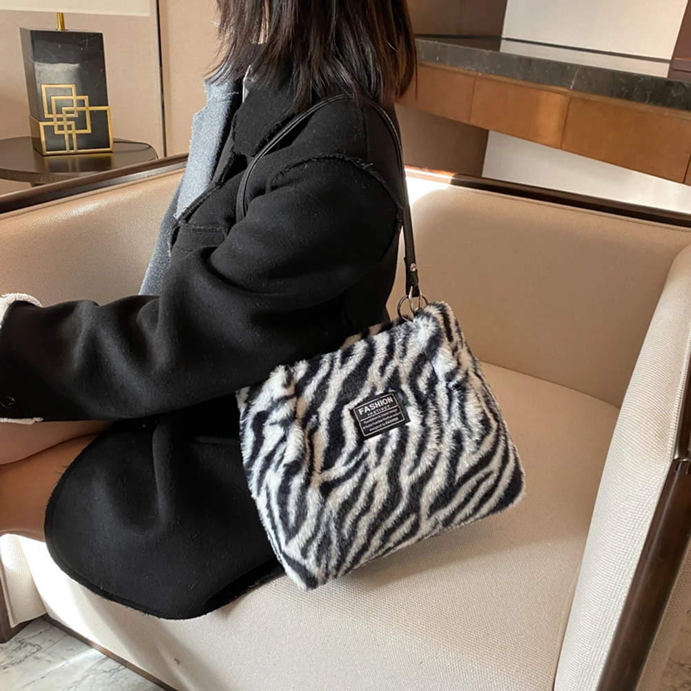 Women Faux Fur Handbag Versatile Furry Shoulder Bag Zebra/Cow Pattern Fluffy Satchel Bag Plush Tote Bag Commuting Bag Hobo Bag