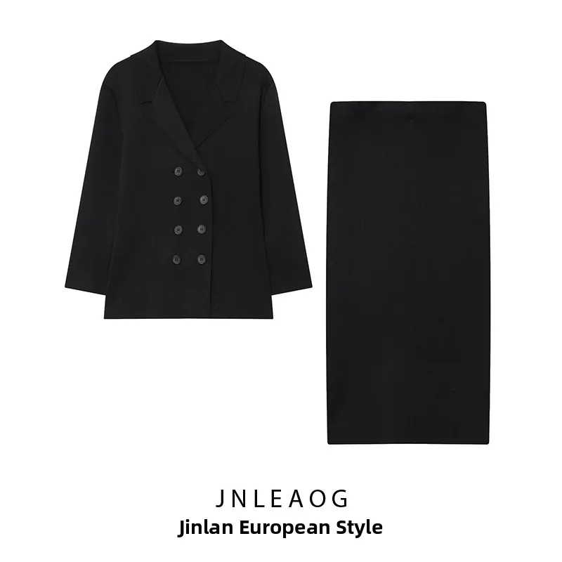 JNLEAOG otoño nuevo conjunto de falda Midi Jaet de punto de doble botonadura para mujer traje largo de dos piezas para ir al trabajo Sle Faionable