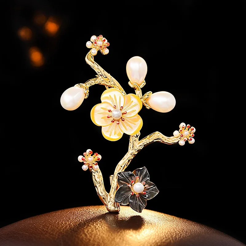 Chinese Style Mother Of Pearl Plum Blossom Brooch With Pearl Gold Toned Branch Pin Auspicious Lucky Blessing Jewelry For Coats