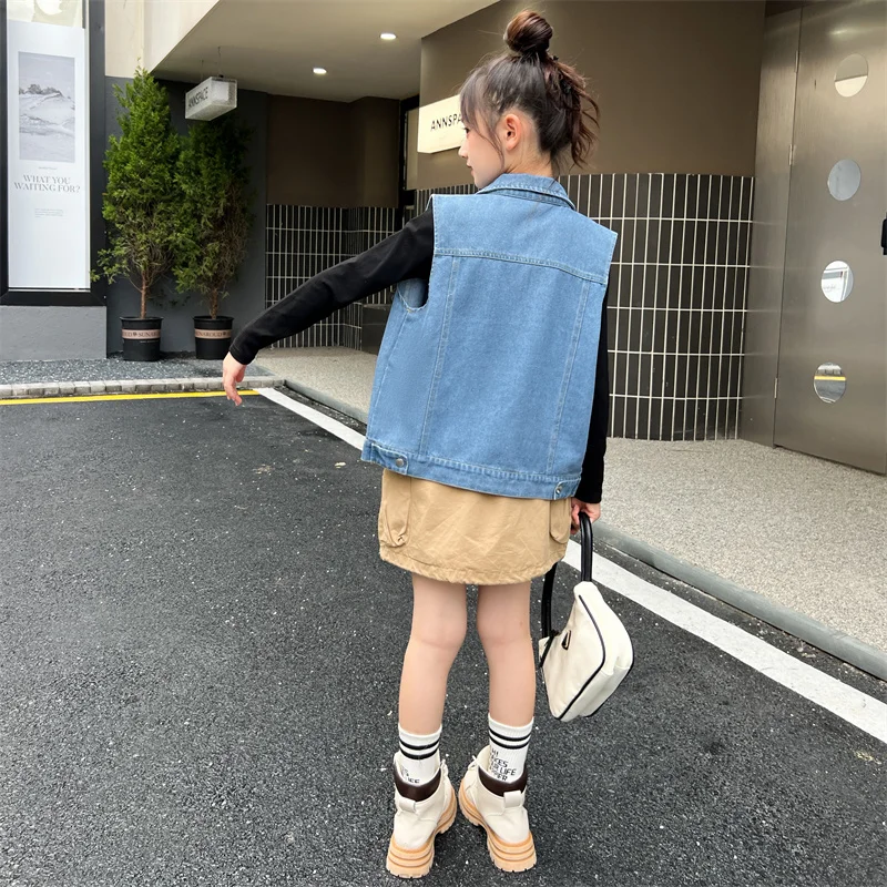 Breif Style Kids Solid Color Denim Vest For Girls Turn Down Collar Sleeveless Jacket Teens Child Fashion Denim Waistcoat 5-14 Y