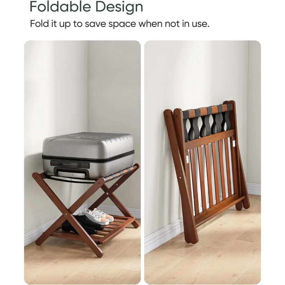 Fully Assembled Walnut Bamboo Luggage Rack with Shoe Shelf, Folding Suitcase Stand with 5 Heavy-Duty Straps