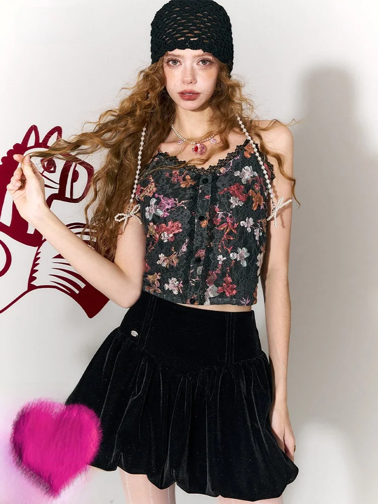 

Velvet Lace Print Strap Vest Women Early Spring Inner Beau Top Casual Sle Polyester Fabric V-ne No Chest Pad Regular Le...