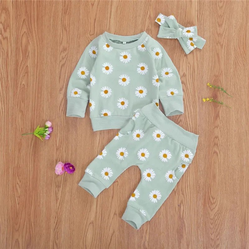 0-18months Girls Spring Autumn Clothes Set Floral Sweatshirts Pants Bow Outfit For Infant Girls