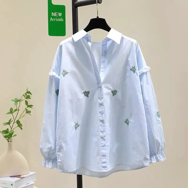 

Cotton Design Embroidered Flower Blue Shirt Women's Spring And Autumn 2025 New Loose Long Sleeve Top