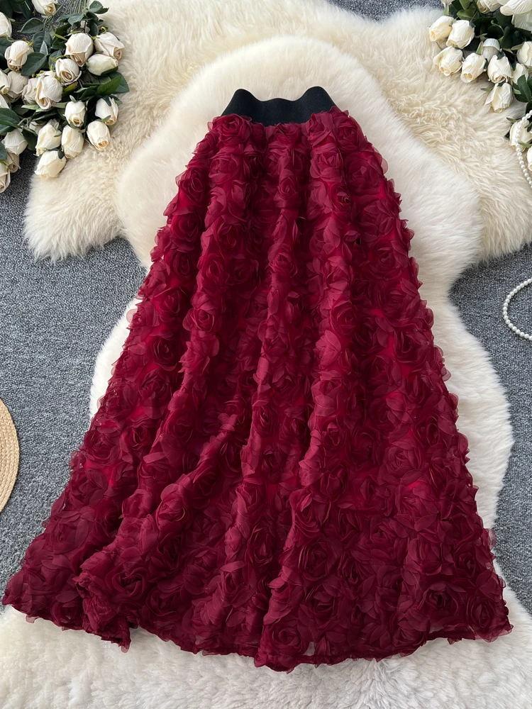 

Elegant High Waist A-Line Skirt for Women with 3D Floral Design Versatile Autumn Winter Fashion City Commute Polyester Fiber