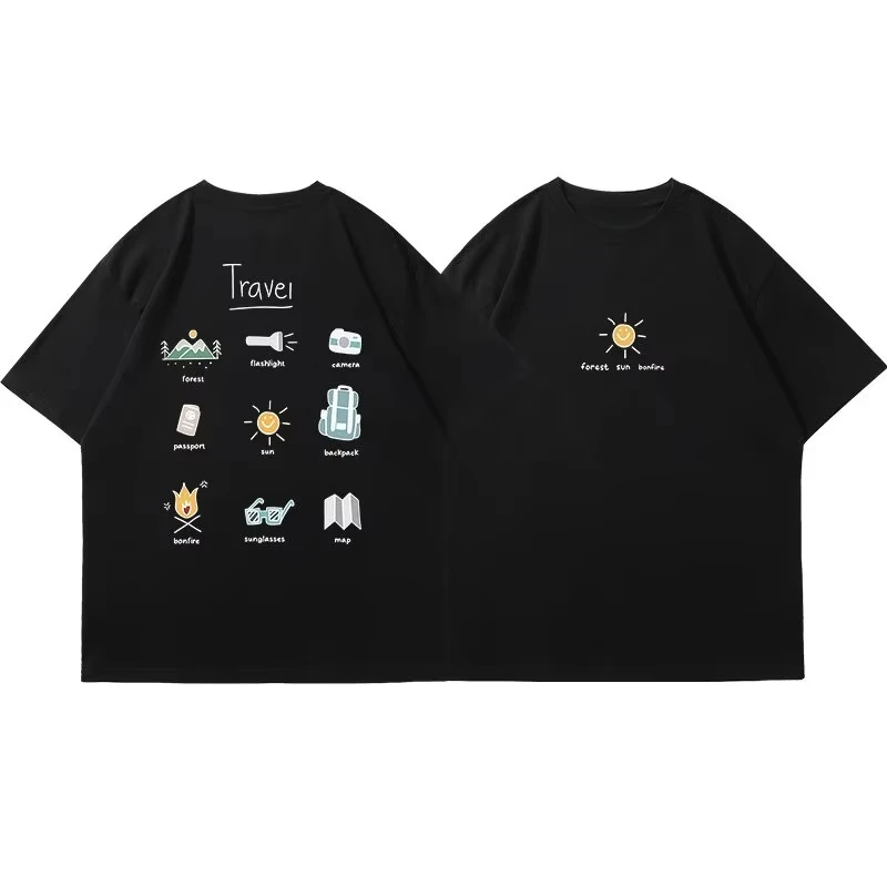 2026 Black Crew Neck T-shirt Front Mini Sun Graphic Back Travel Outdoor Icon Cartoon Print Unisex Cotton Short Sleeve Tee